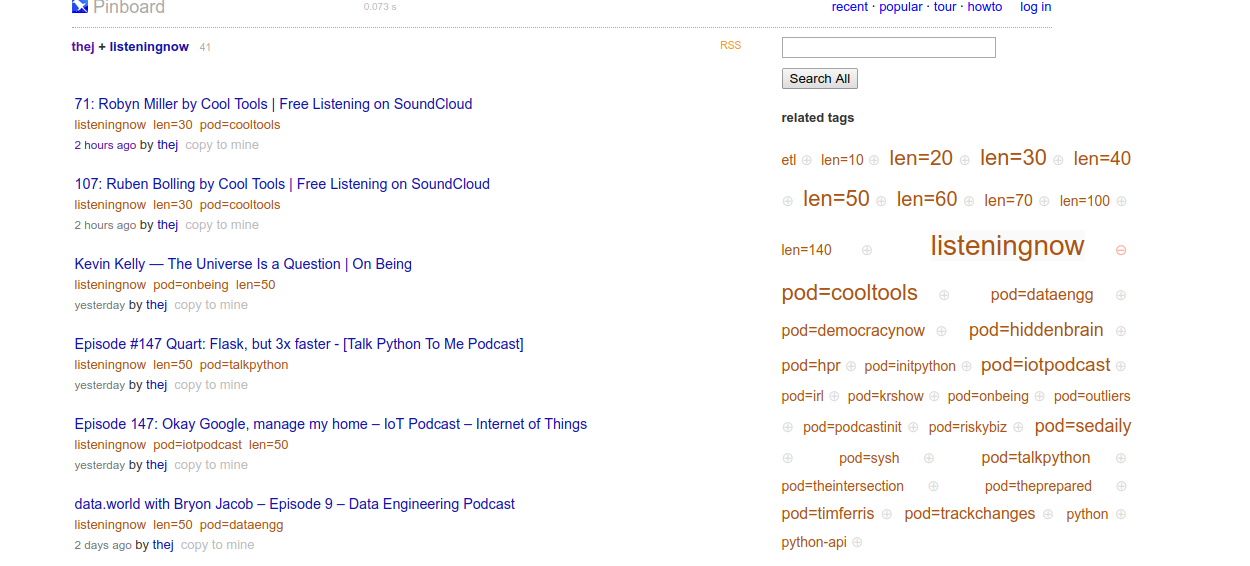 My bookmarks on Pinboard with listeningnow tag.